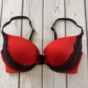 Victoria Secret Push Up Bra 34D Red Satin Plunge Underwire Rhinestone Sexy